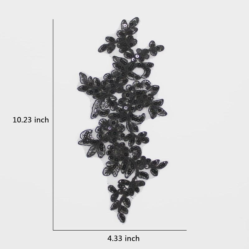 SEMCICOR Set of 2 Sequin Flower Patches Lace Applique Embroidered Trim Applique Motif Wedding Gown Dress Bridal DIY Crafts(Black) - Image 3